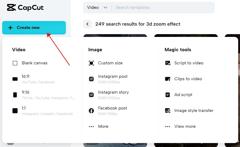 Create new project in CapCut for 3D zoom effect