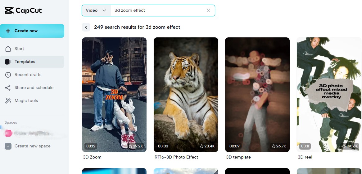 Search for 3D zoom templates in CapCut